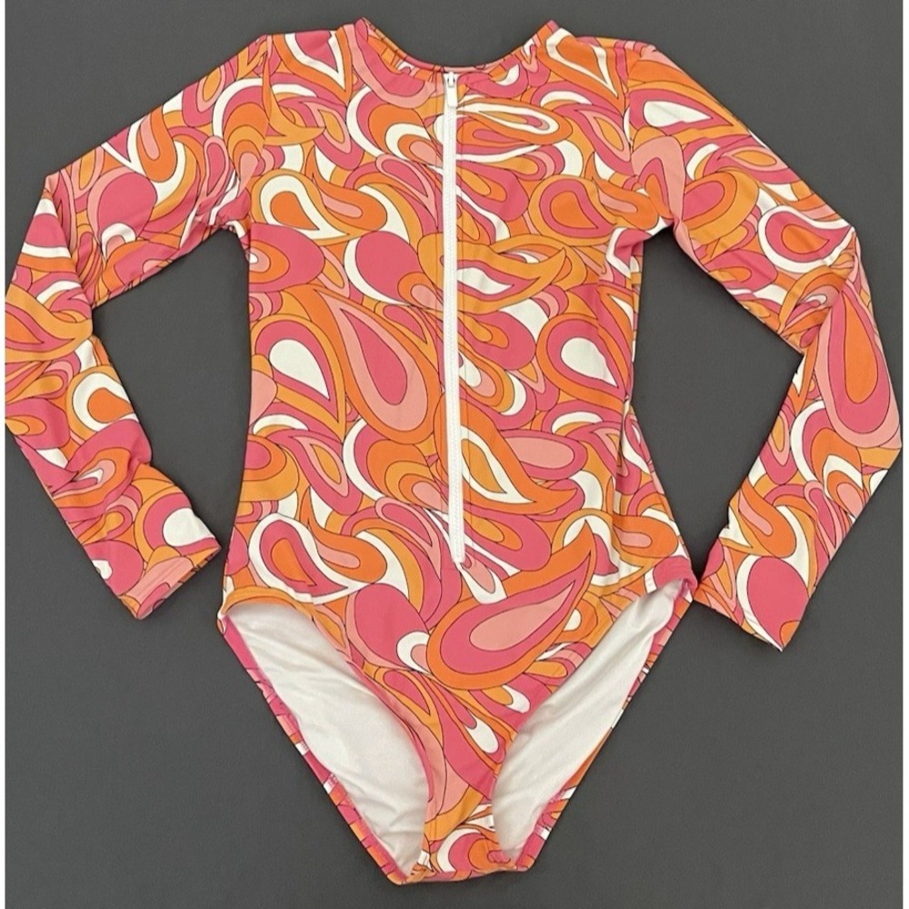 Michael Kors Front Zip Long Sleeve One Piece Swimsuit Women 12 Retro Pink Orange - Picture 3 of 9